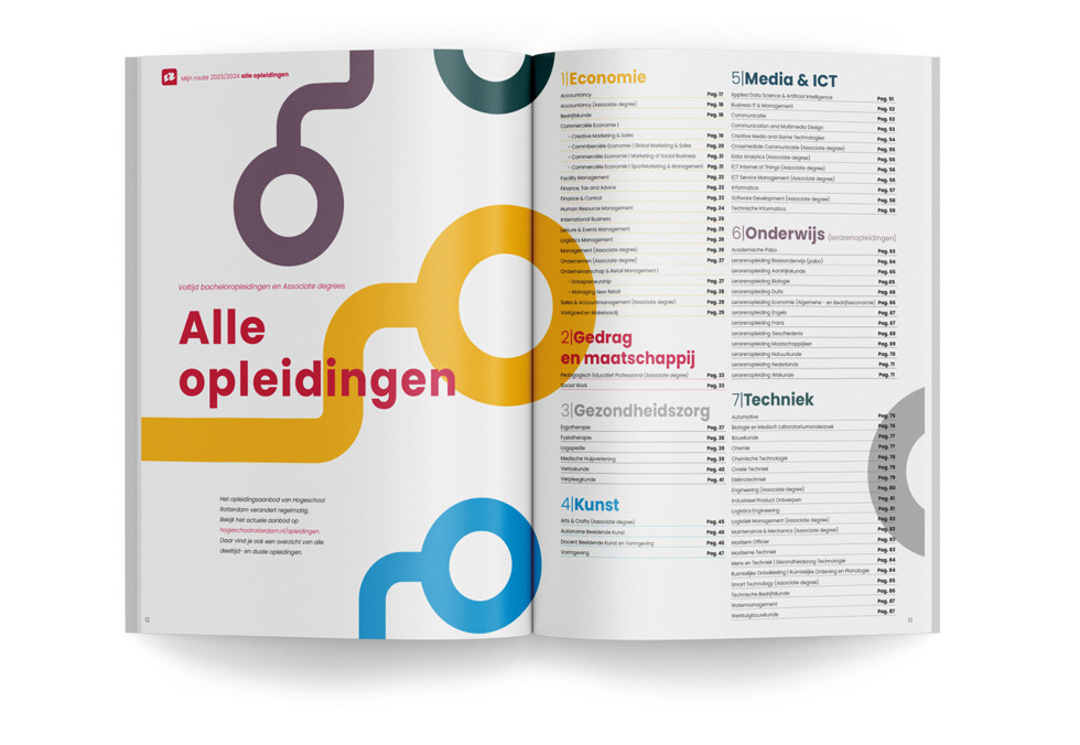 Thema en titel van de opleidingengids is ‘mijn route’. Dit hebben we visueel gekoppeld aan de in Rotterdam zo bekende metrolijn. Deze lijn loopt door het hele ontwerp.
