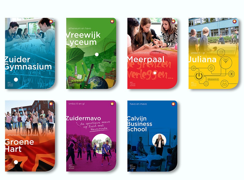 Elke school een duidelijk eigen gezicht ... en toch ook in een oogopslag familie. De stip op de horizon figureert prominent om de omslag van alle brochures (zoek de pingpongbal bij Juliana :-) en de eigenwijs afgeronde hoeken maken de zelfverzekerde uitstraling compleet. 